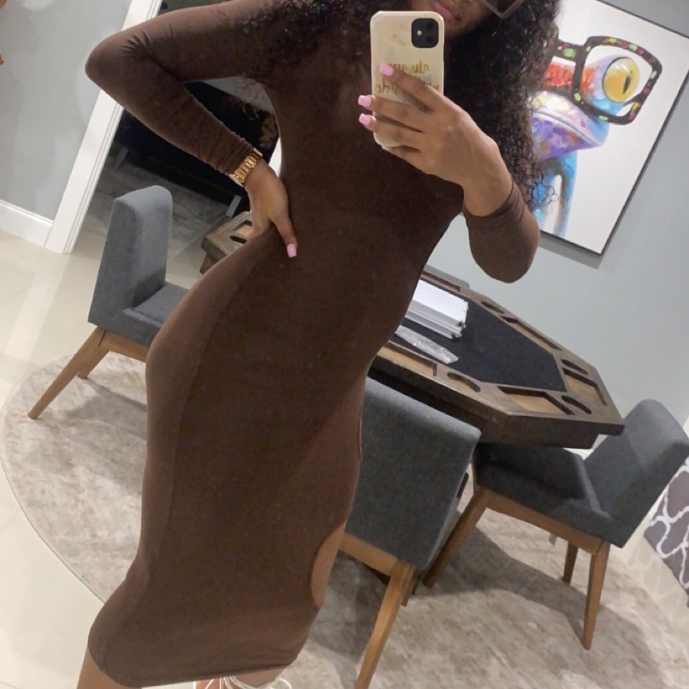 Calf length brown bodycon dress